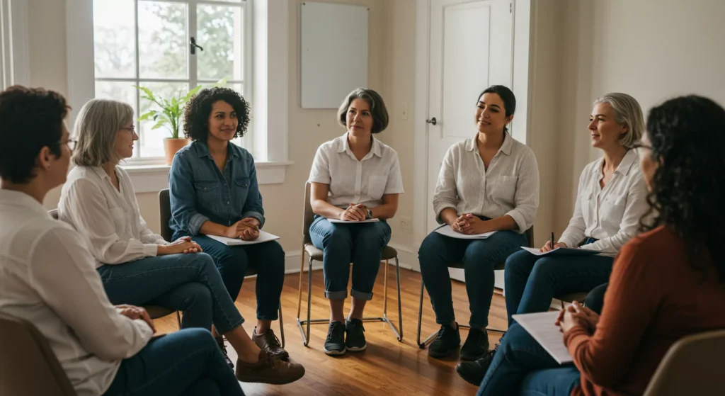 Diverse group of middle-aged women in supportive discussion about menopause