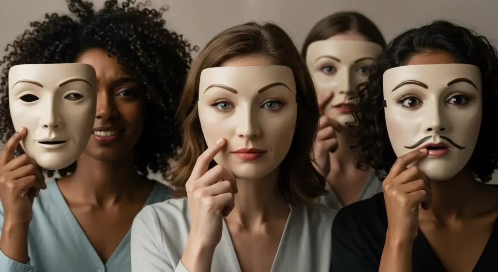 Diverse group of women removing masks representing the end of ADHD and autism masking behaviors after late diagnosis
