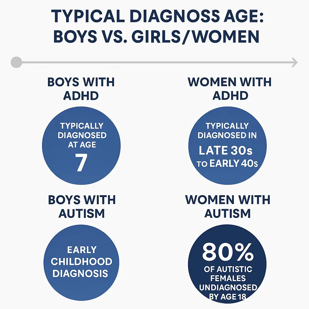 Infographic showing gender gap in ADHD and autism diagnosis ages - boys diagnosed in childhood vs women diagnosed in adulthood