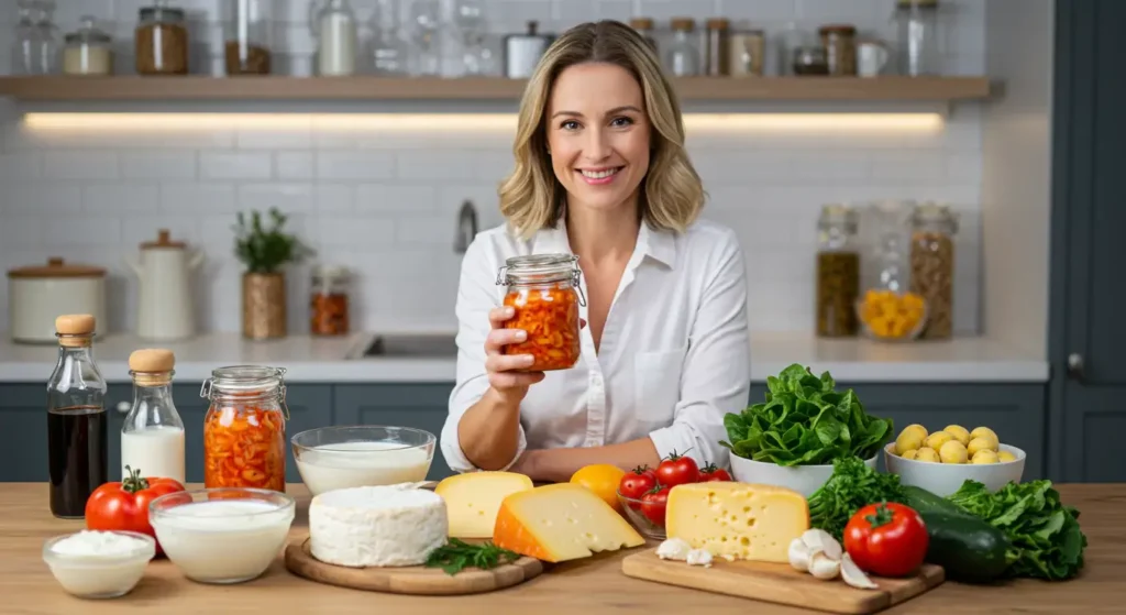 A bright kitchen scene with a smiling woman (30s–40s) holding a small jar of homemade fermented food (like kimchi or sauerkraut). On the counter are bowls of yogurt, kefir, aged cheese, and fresh vegetables — arranged in a way that looks fresh, colourful, and natural. Subtle glow/light effect around the food to suggest “gut health benefits.”
