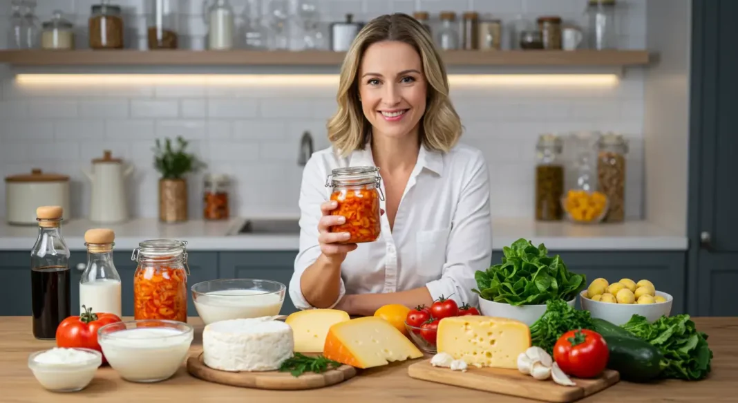 A bright kitchen scene with a smiling woman (30s–40s) holding a small jar of homemade fermented food (like kimchi or sauerkraut). On the counter are bowls of yogurt, kefir, aged cheese, and fresh vegetables — arranged in a way that looks fresh, colourful, and natural. Subtle glow/light effect around the food to suggest “gut health benefits.”